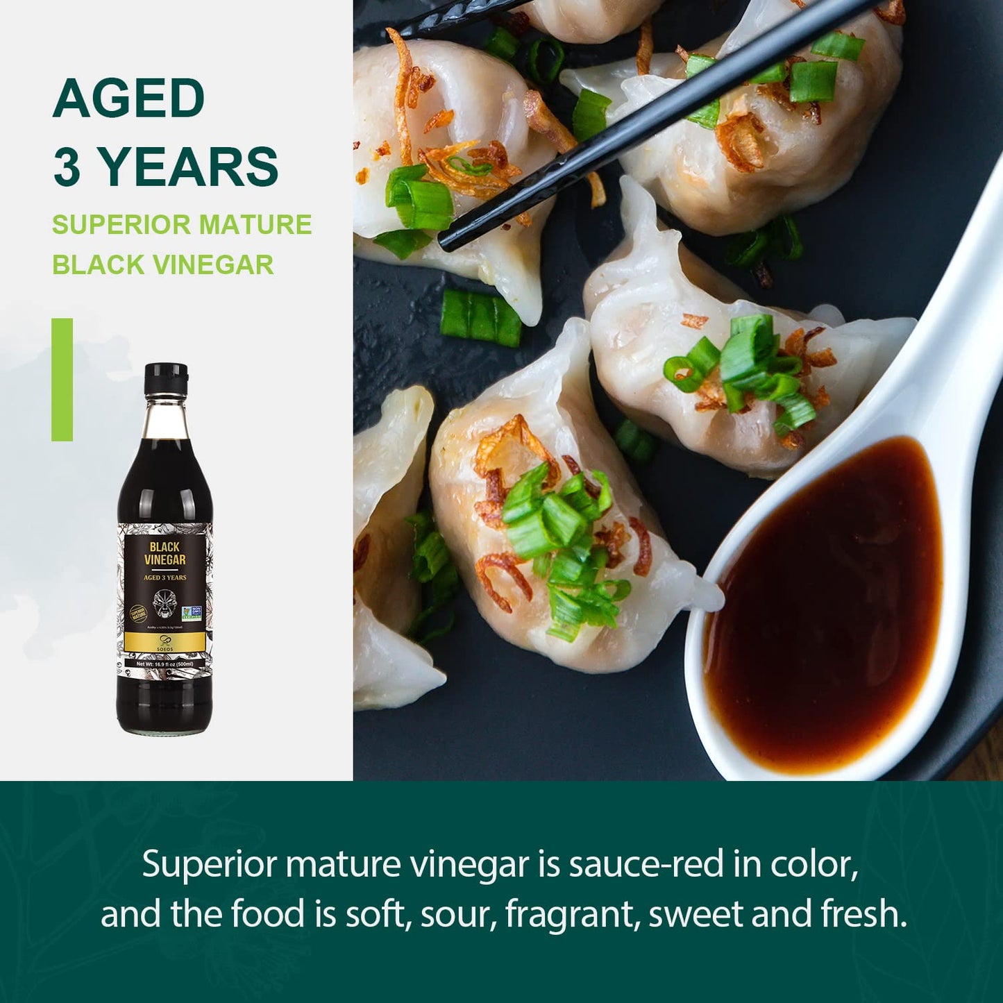 Soeos Chinkiang Vinegar 16.9 Fl Oz (500Ml), 3 Years Aged, Naturally Fermented, Mature Aged Black Vinegar, Chinese Black Vinegar, Zhenjiang Vinegar, Black Rice Vinegar, Black Vinegar Chinese.