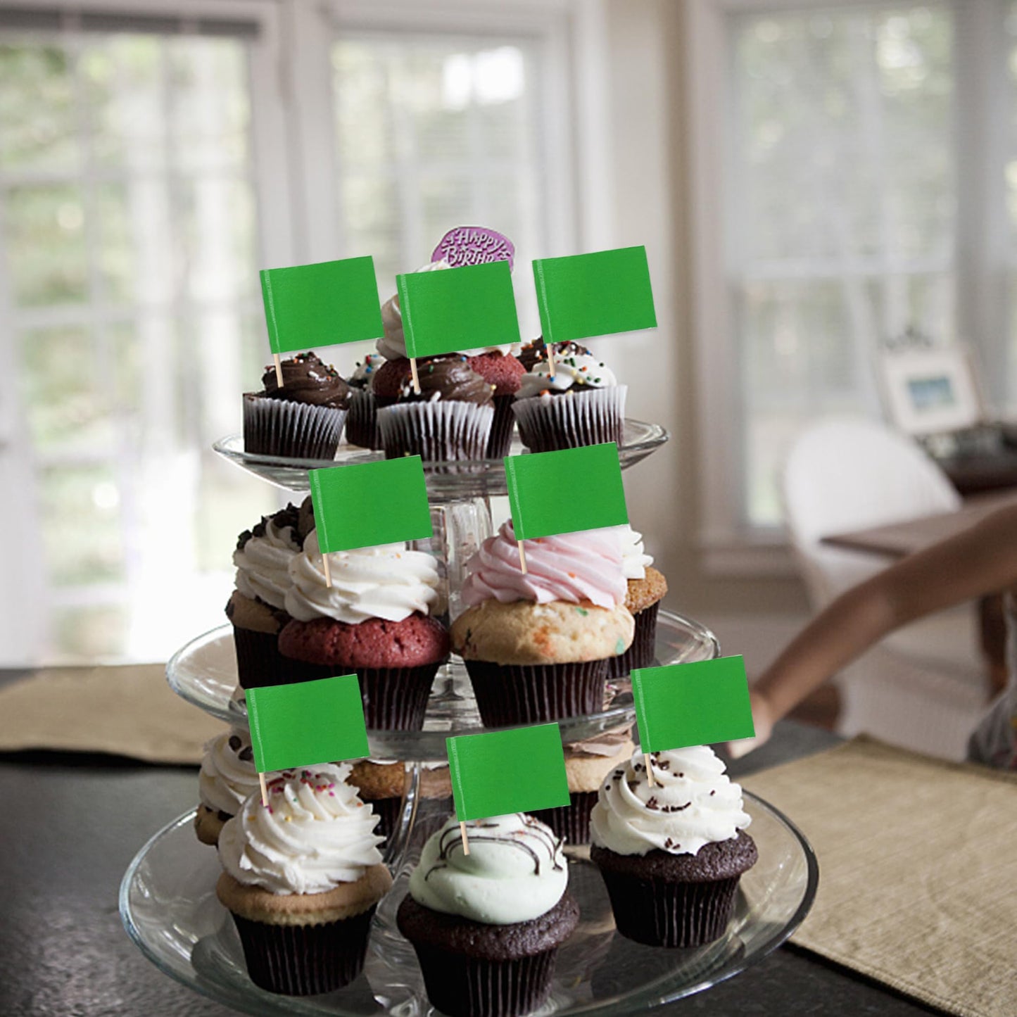 Rssta i Mini Green Flag Cupcake Toppers - 100 Pack, Paper, Race Car Theme Decorations