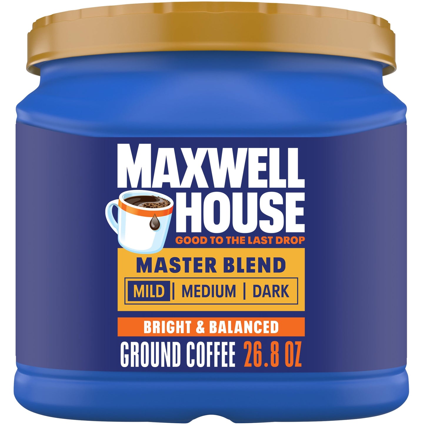 MAXWELL HOUSE Ground Coffee, Master Blend Mild Roast, 26.8 oz Canister, Blue
