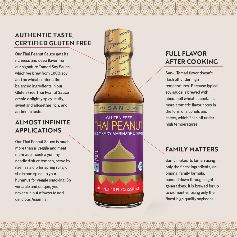 San-J Gluten Free Thai Peanut Sauce, Non-GMO, 10 oz Bottles, 2 Pack