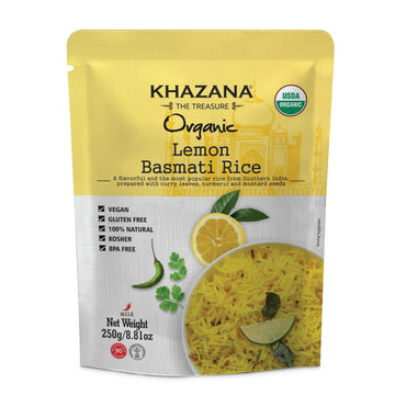 Khazana Lemon Organic Basmati Rice - Ready to Heat (1-Pack, 8.8oz) - Authentic, Aromatic & Flavorful Indian Grain - Non-GMO, Veg