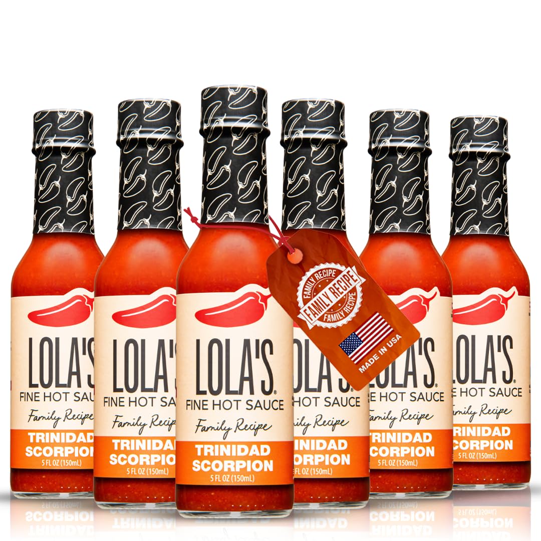 Lolas Fine Hot Sauce Trinidad Scorpion - All-Natural, Low Sodium, Gluten-Free, Keto - 5 Fl Oz (Pack of 6)