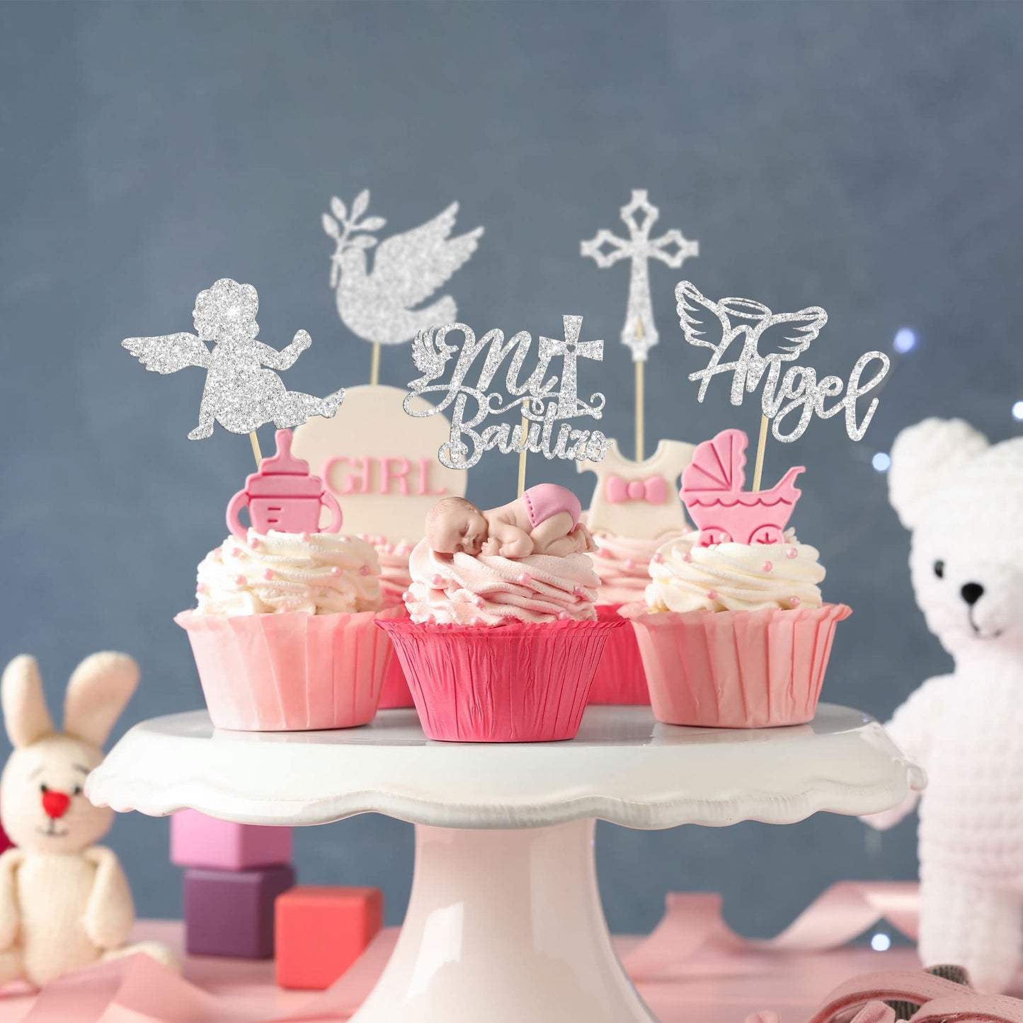 Gyufise 30Pcs Mi Bautizo Cupcake Toppers Silver Glitter Cross Angel Dove Cupcake Toppers Angel Religious God Bless Cupcake Picks