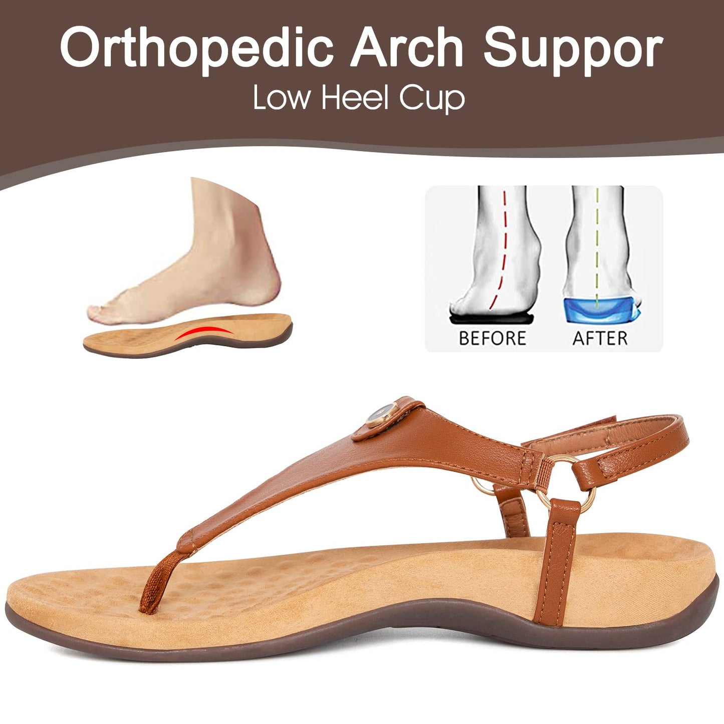 Athlefit Women'S Comfortable Orthopedic Sandals Thong Dressy T-Strap Orthotic Casual Summer Arch Support Brown Sandals Size 8