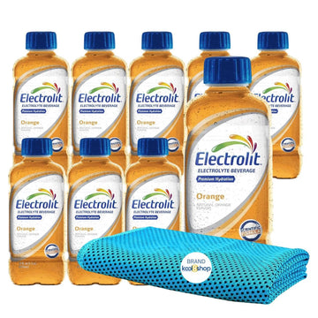 Electrolit Orange Hydration Drink with Electrolytes 21 fl oz Plastic Bottles 9 Pack + 1 Microfiber Cooling Towel by KOOL8SHOP In