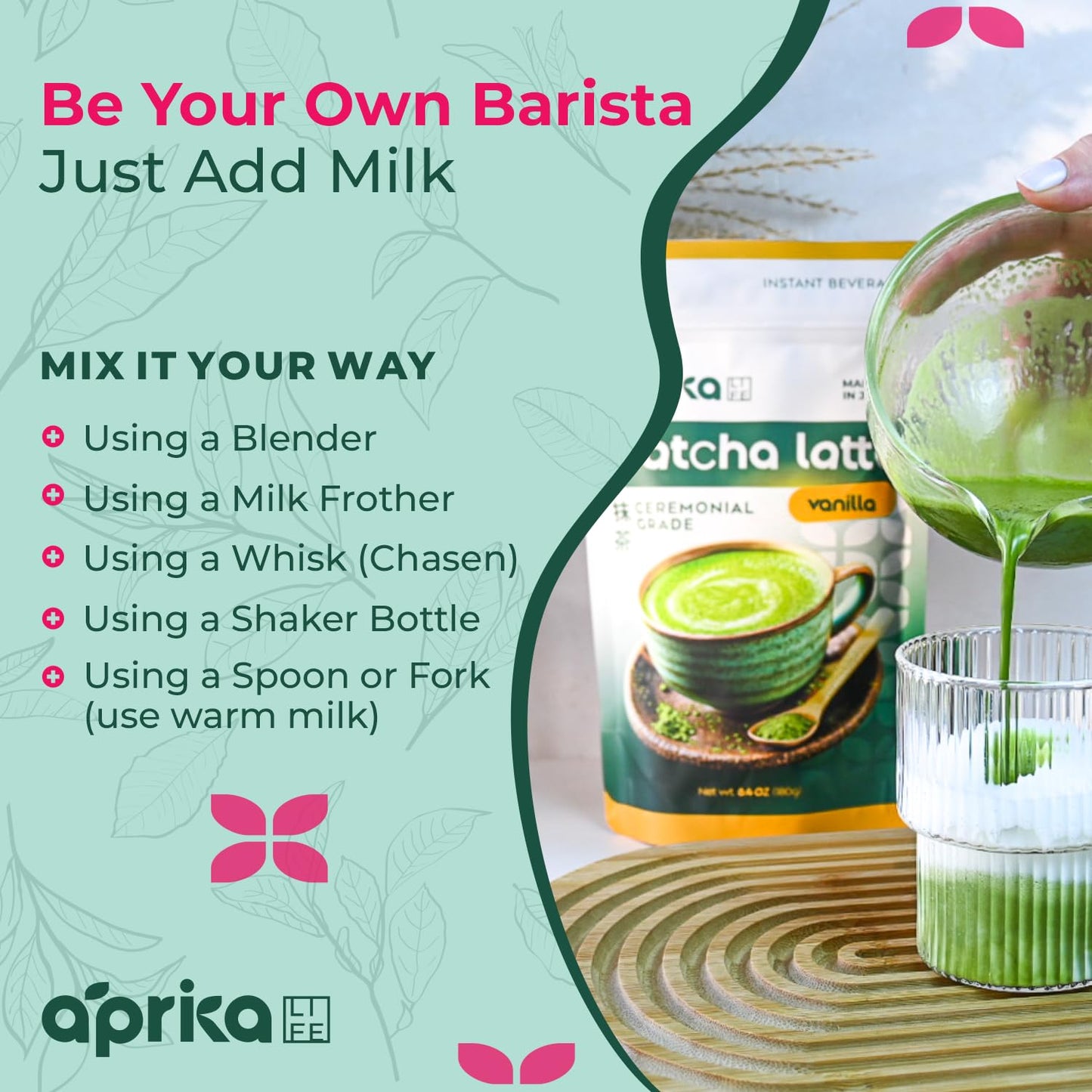 AprikaLife Matcha Latte Powder, Premium Barista Mix, Natural Vanilla Flavor, 6.8 oz / 180g