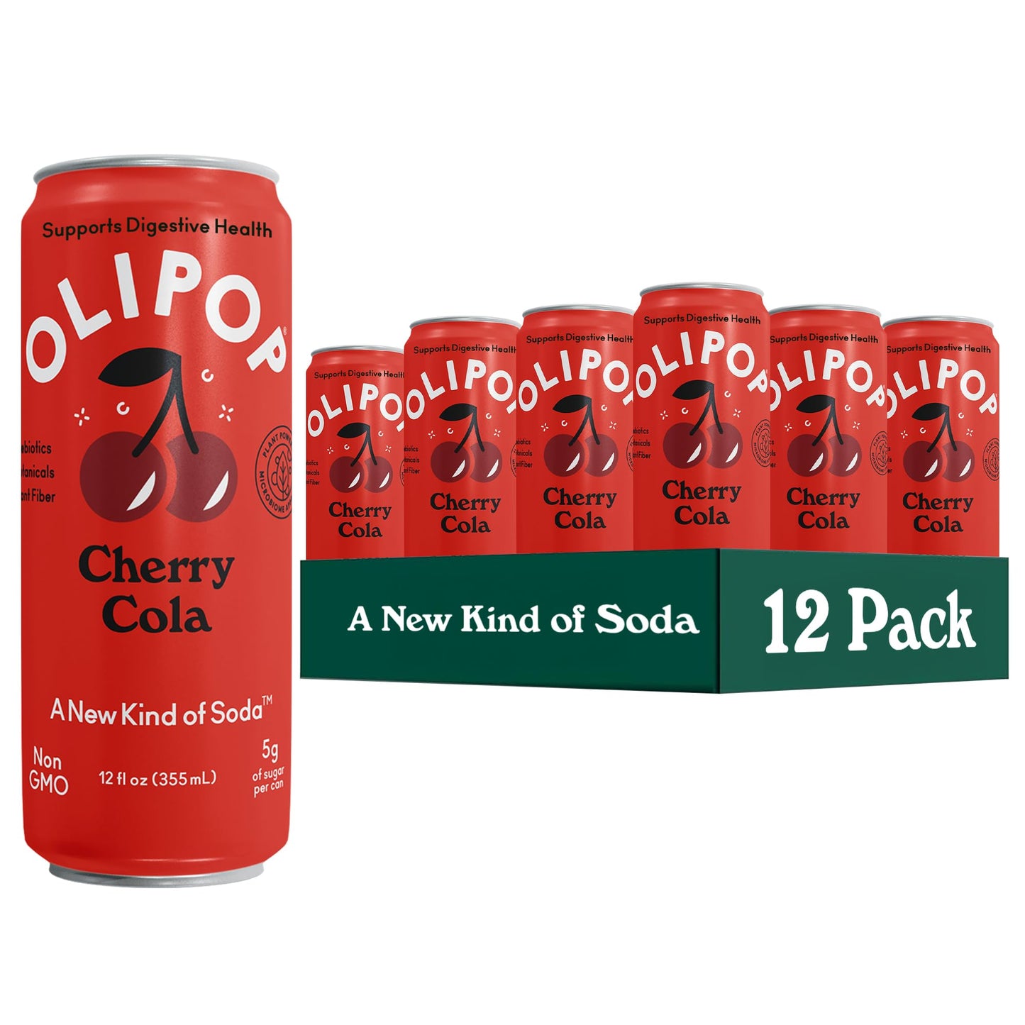 OLIPOP Prebiotic Soda Pop  Cherry Cola  Pantry Pack Packed with Prebiotics  Fiber  and Botanicals  Gluten Free  Vegan  GMO Free  12oz Skinny (12-Cans)