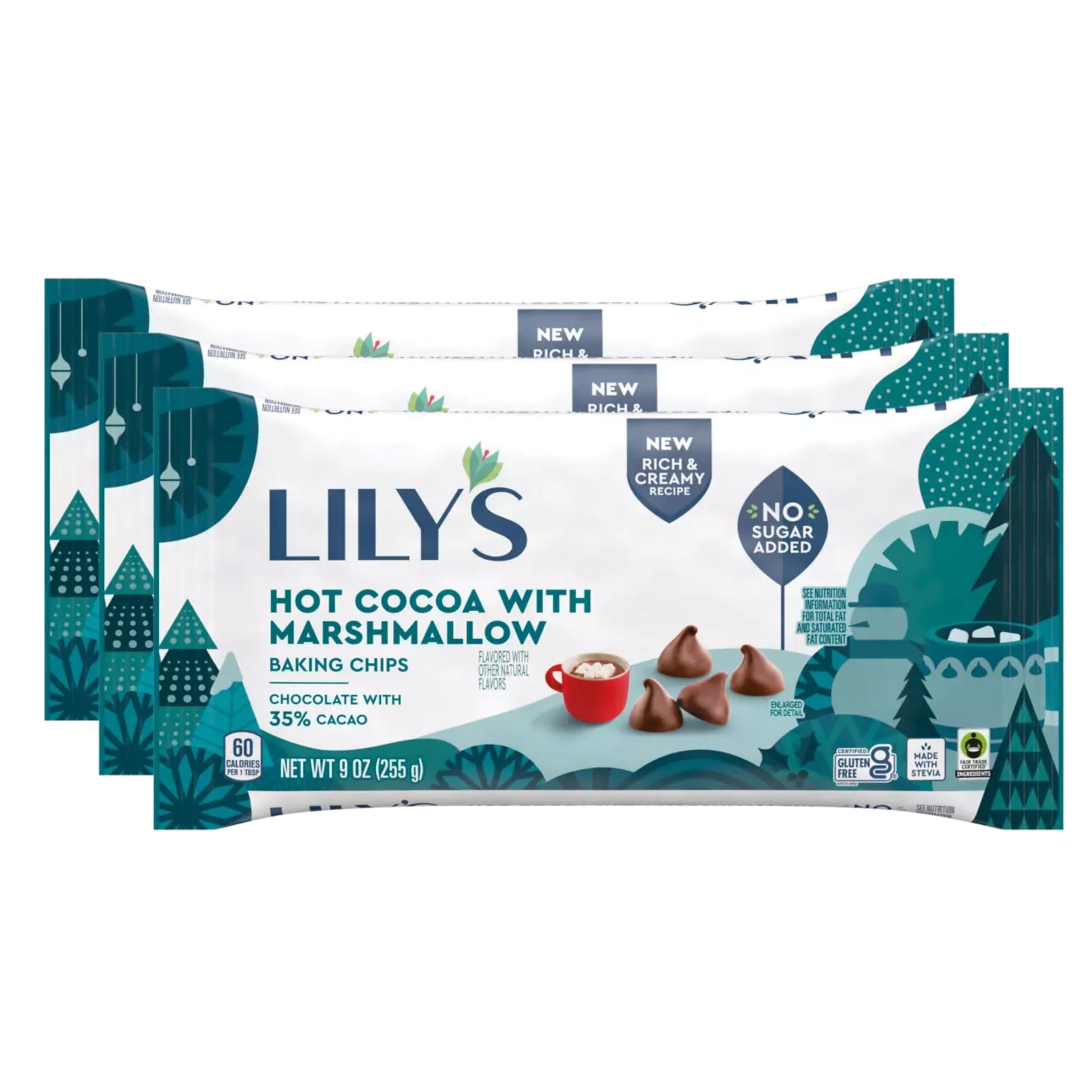 Lily's Hot Cocoa with Marshmallow Flavor Baking Chips 3 packs - No Sugar, Low Carb, Rich & Creamy 35% Cacao, Stevia Hot Chocolat