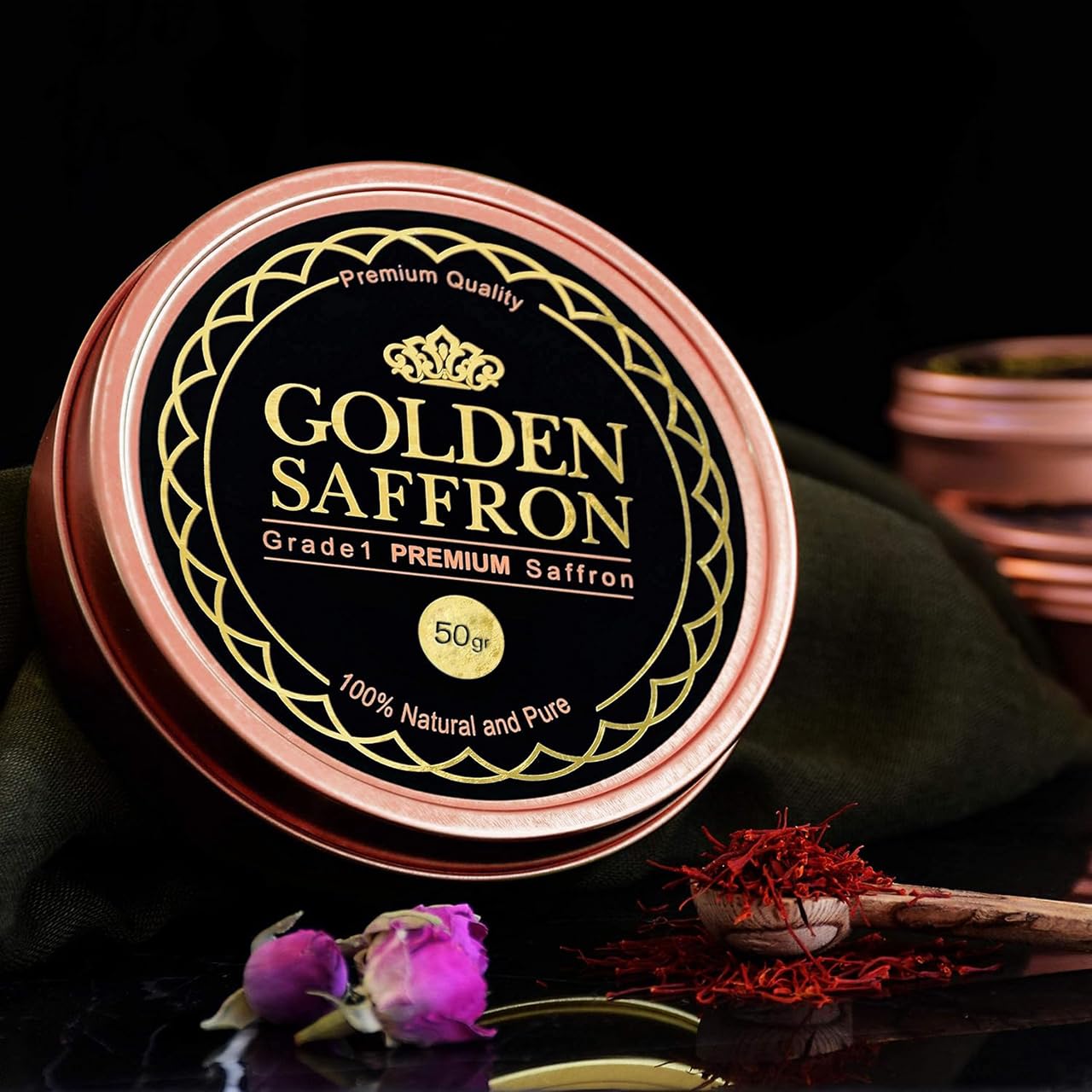 Golden Saffron  Finest Pure enhanced All Red Saffron Threads  Grade A+ Super Negin  Non-GMO Verified. For Tea  Paella  Rice  Desserts  Golden Milk and Risotto (50.0 Grams)