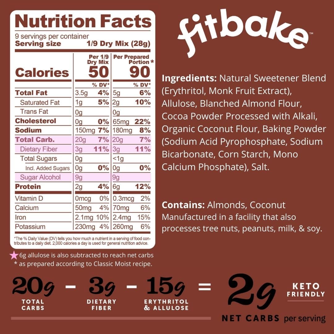 Fitbake Chocolate Cake Baking Mix | 2G Net Carbs | Keto Friendly Low Carb Food | No Added Sugar Keto Snack | Zero Sugar & Gluten