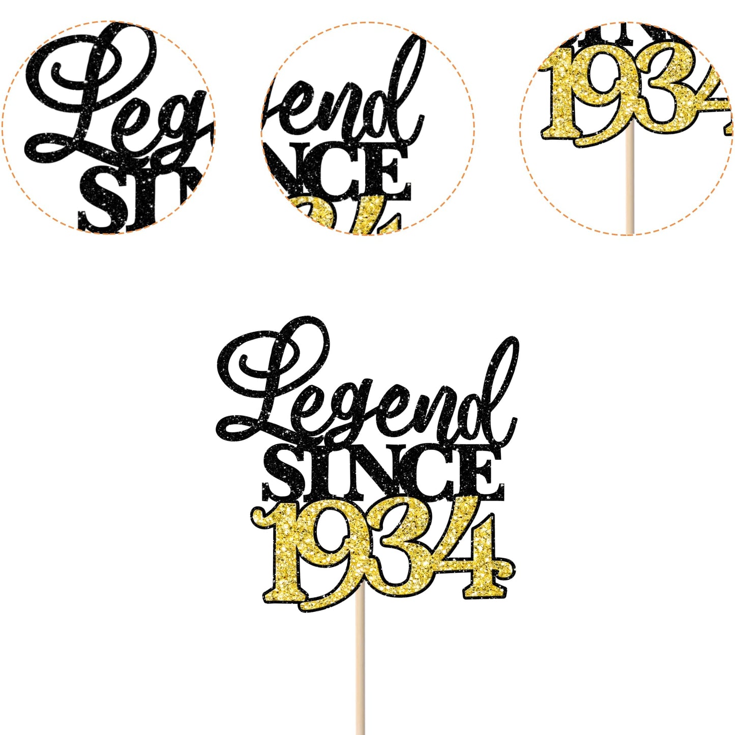 Rssta i Cake Topper, Legend Since 1934, Black Gold Glitter, 90th Birthday Decoration, Model XM398
