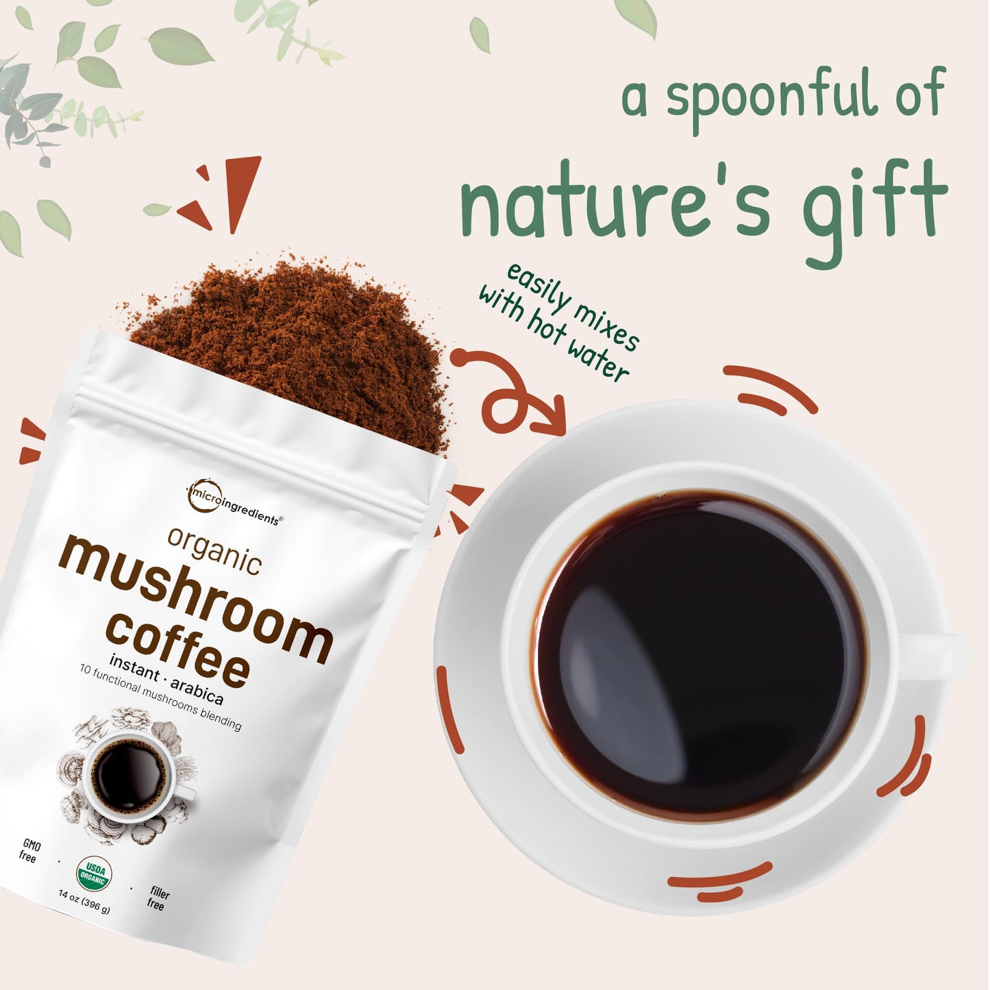 Micro Ingredients Organic Instant Mushroom Coffee Powder, 14 Ounce (158 Servings) - Premium Arabica with Lion’s Mane, Chaga, Reishi