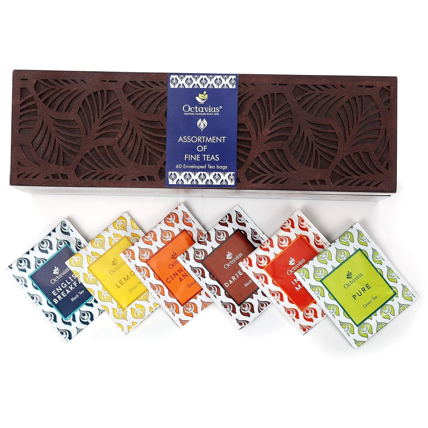 Octavius, Assorted Tea Sampler Gift Set (6 Flavors, 60 Tea Bags) | Black & Green Tea Sampler Pack | Leaf Cut Design Wooden Tea G