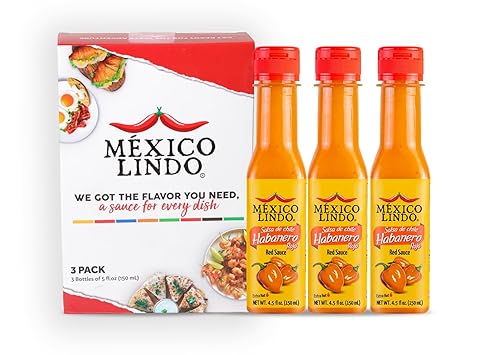 Mexico Lindo Red Habanero Hot Sauce | Real Red Habanero Chili Pepper | 78,200 Scoville Level | Enjoy With Mexican Food, Seafood & Pasta | 5 Fl Oz Bottles (Pack Of 3)