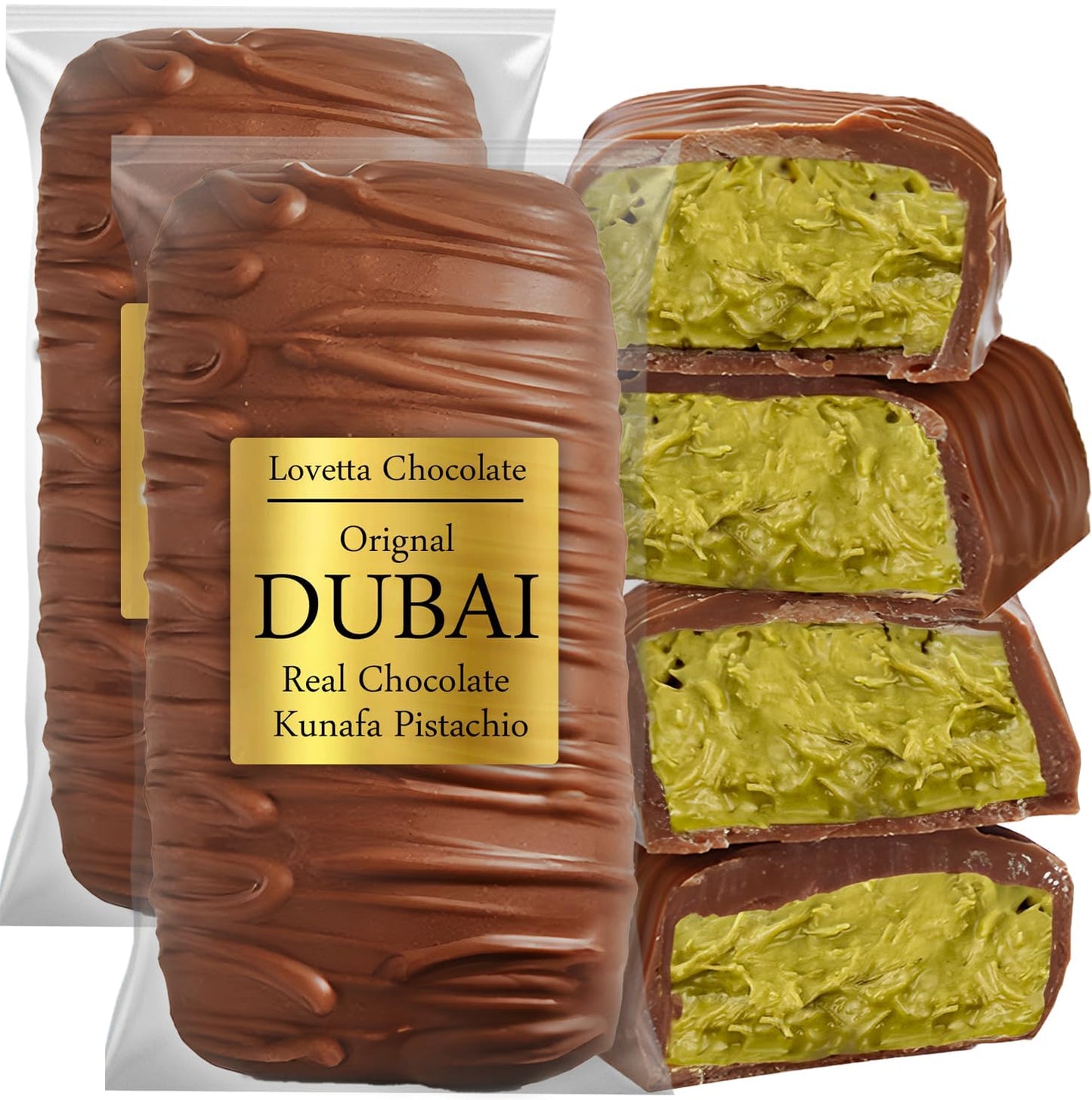 Lovetta Chocolate Bar - Pistachio Knafeh, Luxury Rich Chocolate, 2 Pack, Individually Wrapped