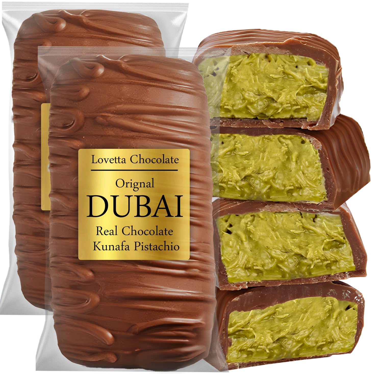 Lovetta Chocolate Bar - Pistachio Knafeh, Luxury Rich Chocolate, 2 Pack, Individually Wrapped