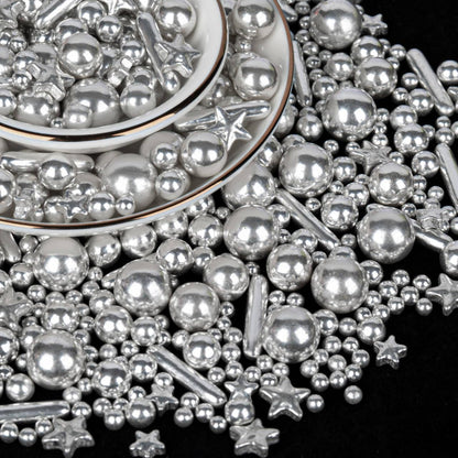Twisweet Silver Pearl Rods Star Sprinkles, Edible Sugar Sprinkles for Cake Decorating, Mix Size Candy Pearls for Baking Cake Top