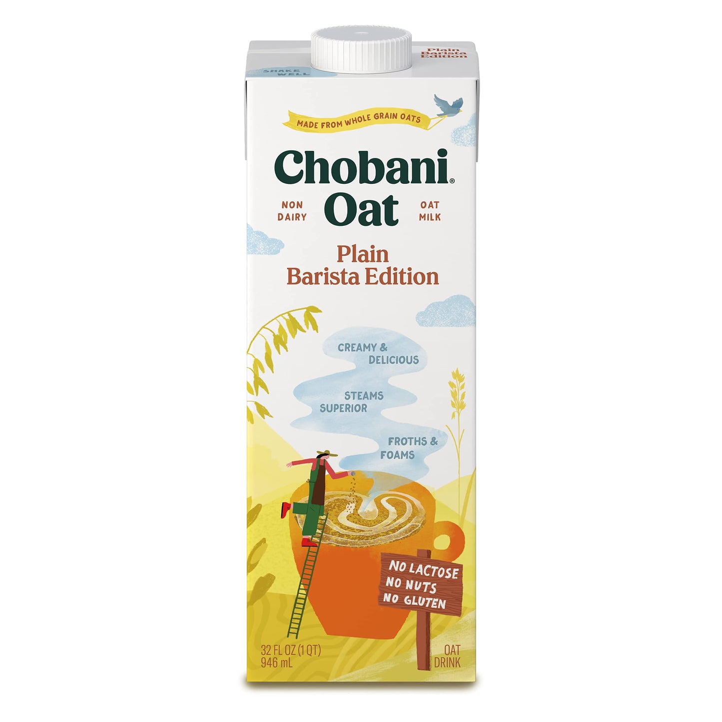 Chobani Oat Milk, Plain Oat Barista Edition, Shelf Stable Non Dairy Milk, Creamer, Vegan Friendly, Gluten-Free, 32 FL OZ (Pack-1