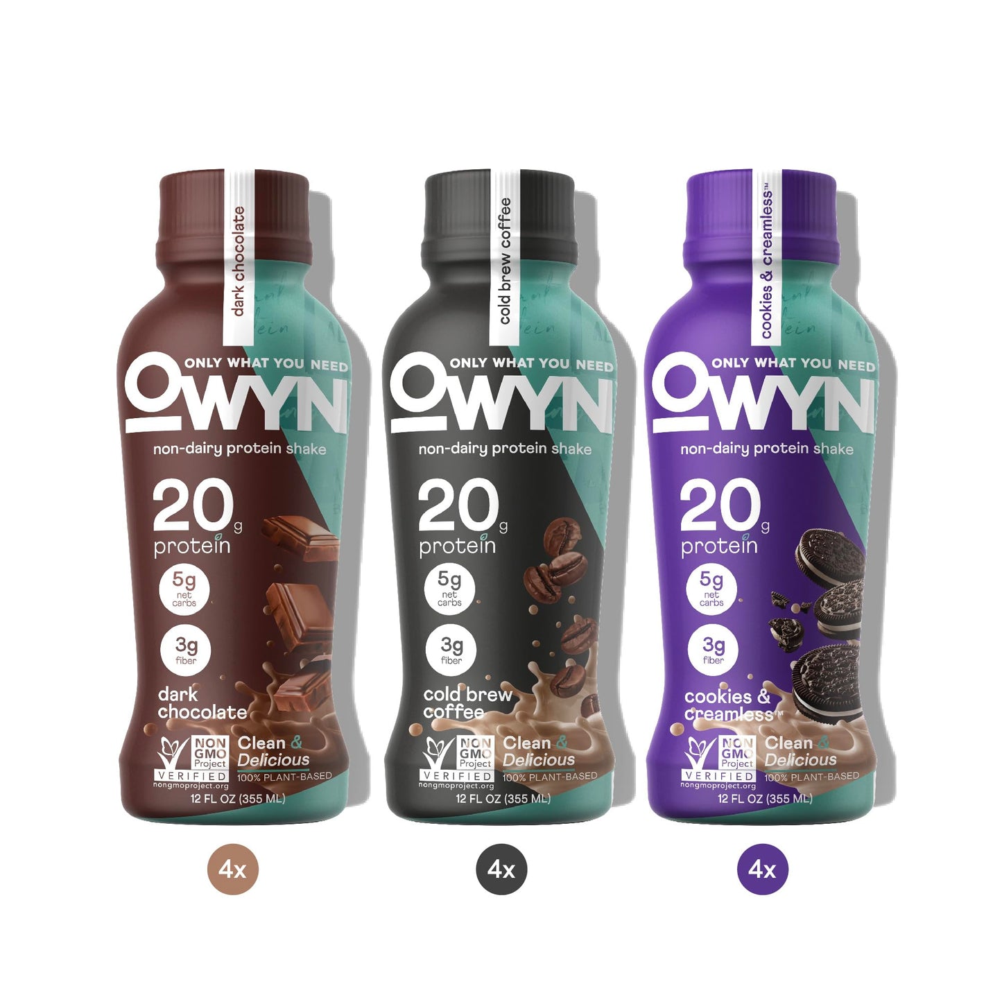 OWYN Plant Based Protein Shake, 20g Vegan Protein, Prebiotic Supplement, 12 Fl Oz (Pack of 12), Gluten & Soy-Free, Variety Pack