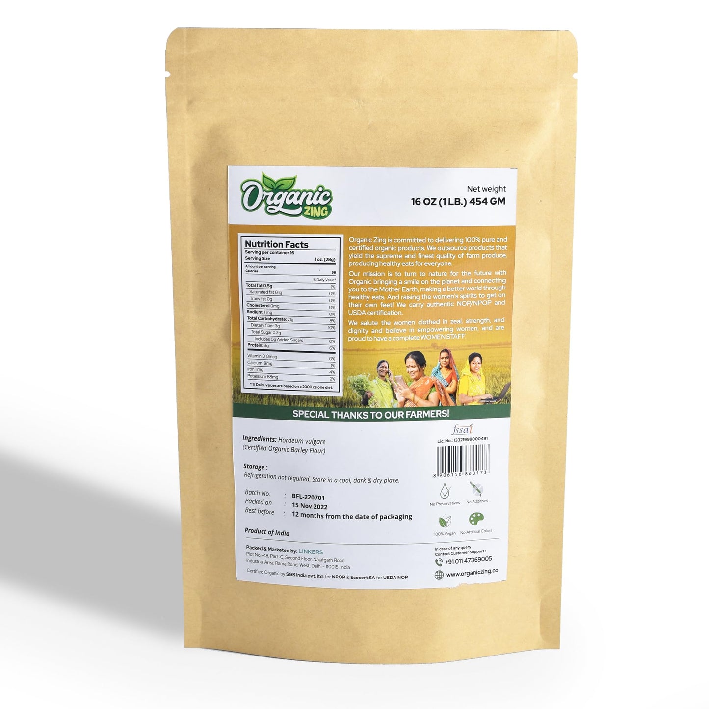 Organic Zing Organic Barley Flour | High in Fiber | 454 Gram (Pack of 2)