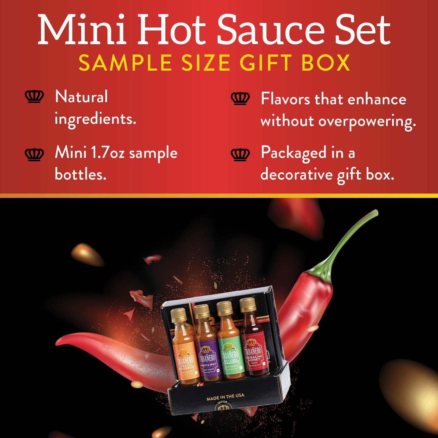 Tabanero Mini Hot Sauce Gift Set, 4-Pack, All Natural, Gluten Free, Vegan, 1.7 oz Bottles