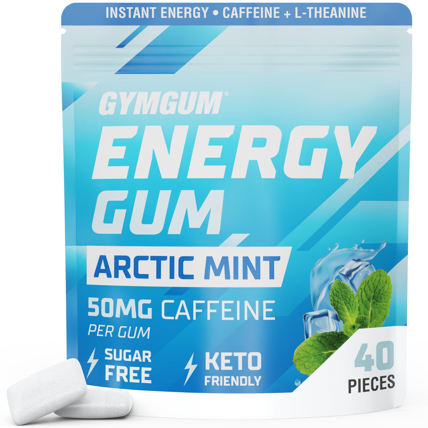 GYMGUM Energy Caffeine Gum | 50mg Caffeine | Sugar-Free  Keto-Friendly |  Energy & Focus Gum with Guarana & L-Theanine (40 Count  Arctic Mint)