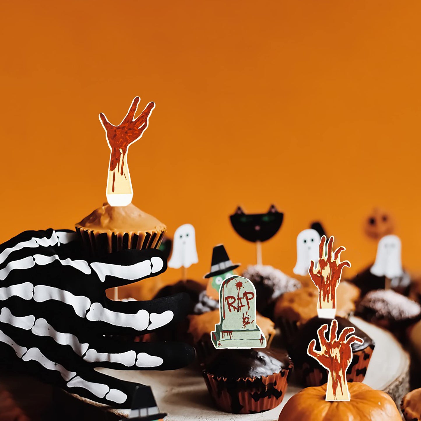 72Pcs Halloween Cupcake Toppers Supplies 36 Pcs Zombie Hand Tombstone Cupcake Toppers And 36 Pcs Horror Red Handprint Cupcake Wr