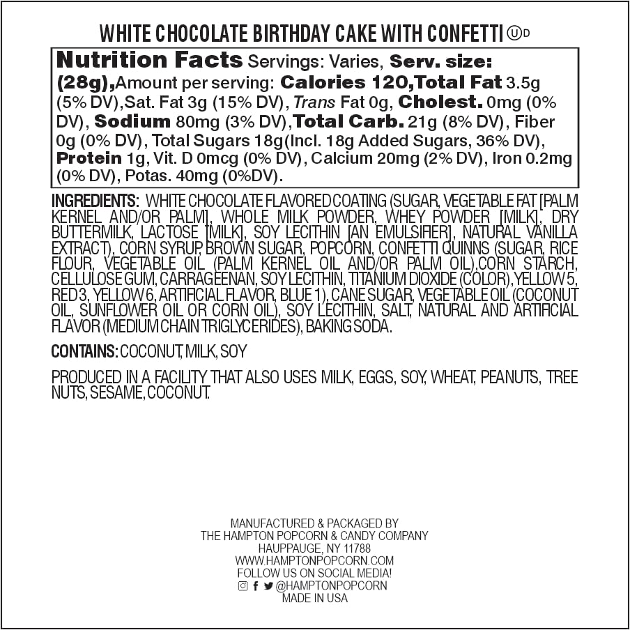White Chocolate Birthday Cake With Confetti Tin, 26 Ounce (1 Gallon Tin), Birthday Gifts, The Hampton Popcorn & Candy Company