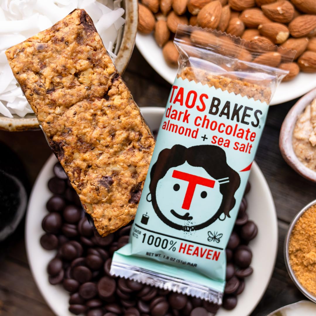 Taos Bakes Snack Bars - Dark Chocolate Almond + Sea Salt - 8g Protein, Vegan, Gluten Free - 12 Count (1.8oz Bars)
