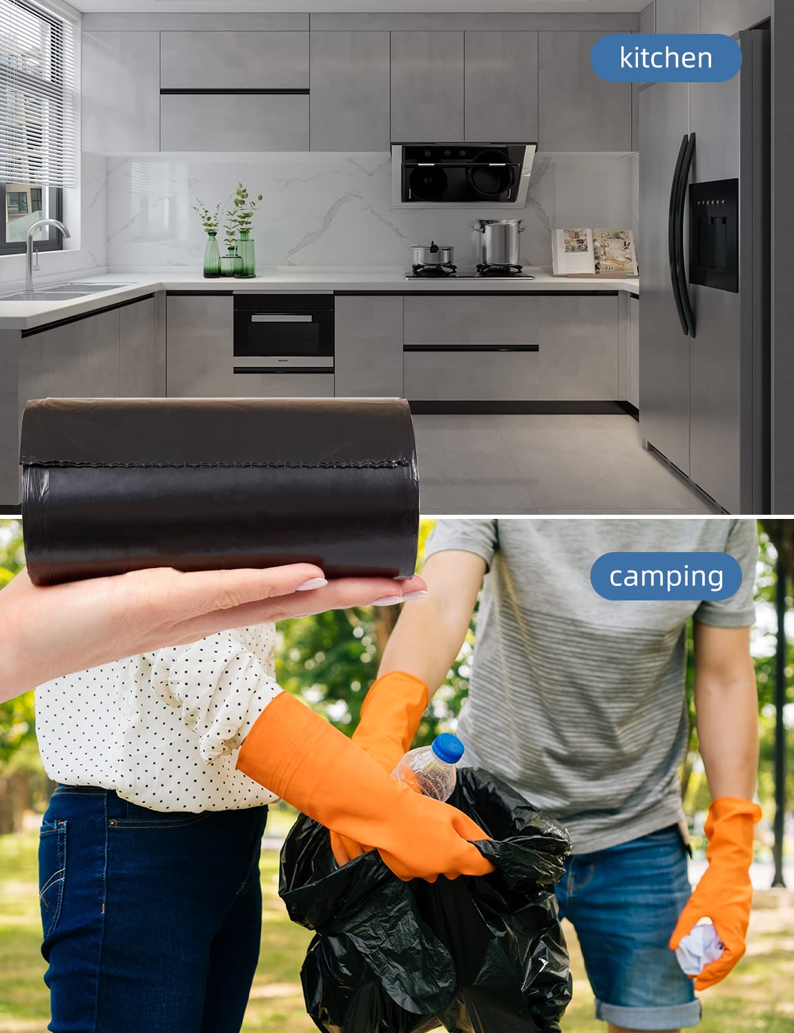 Waikas 8 Gallon Trash Bags, 40 Count, Unscented, Fit Medium Trash Can For Kitchen Bathroom Bedroom Office, Black