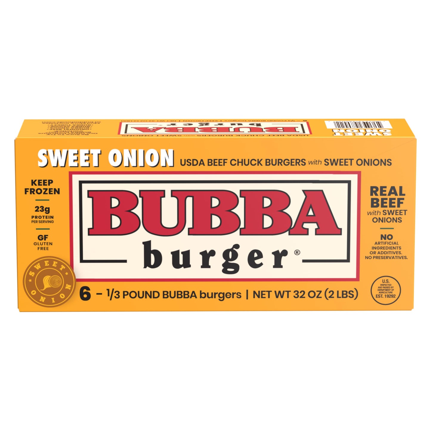 Bubba Burger, Frozen Beef Burger Patties, Sweet Onion, USDA Choice Beef Chuck, 2 lb, Pack of 6
