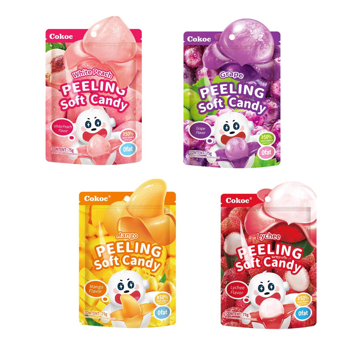 COKOC Peelable Gummy Variety Pack - 4 Individual Packs in Mango, Grape, White Peach & Lychee Flavors Candy Treats