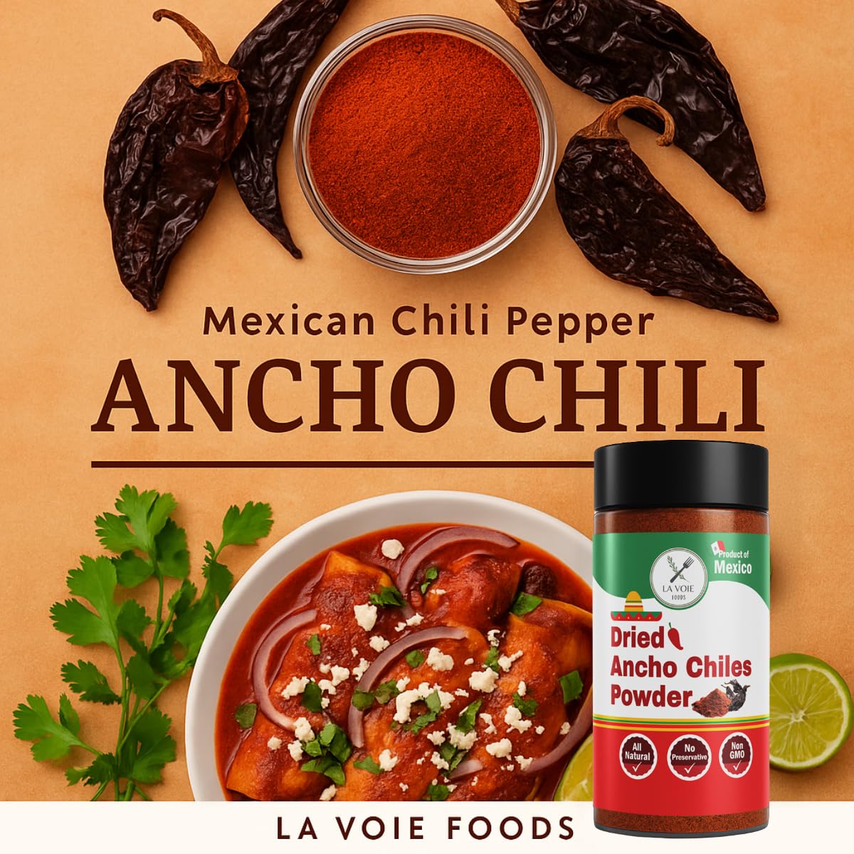 La Voie Ancho Chile Powder 8 Oz - Premium A Grade Mexico Red Ground Chili Pepper For Authentic Mexican Mole, Sauces, Stews, And
