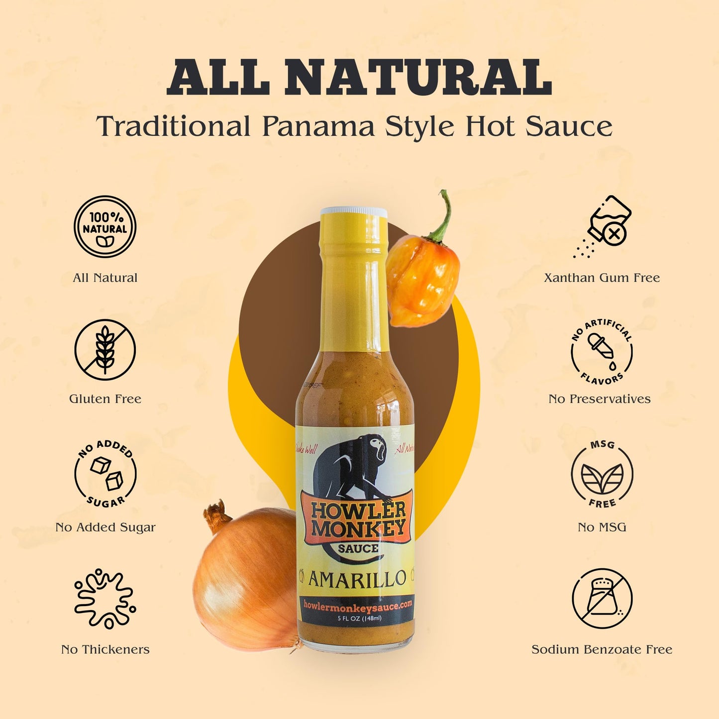 Howler Monkey Sauce Amarillo - Panama Style Hot Sauce - Gluten-Free, No Carbs, Low Sodium - No Thickeners, Preservatives, Or Add