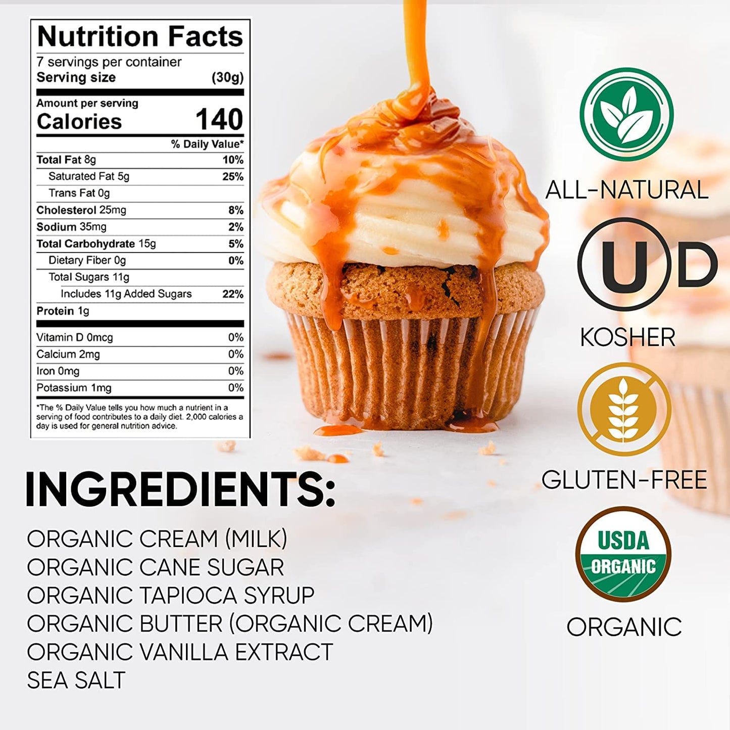 Kings Cupboard Organic Caramel Sauce - The Perfect Sauce for Ice Cream  Fruit Dip  Topping Desserts  Caramel Drizzle for Coffee - Gluten-Free  Kosher  Organic  All Natural  7.7 oz