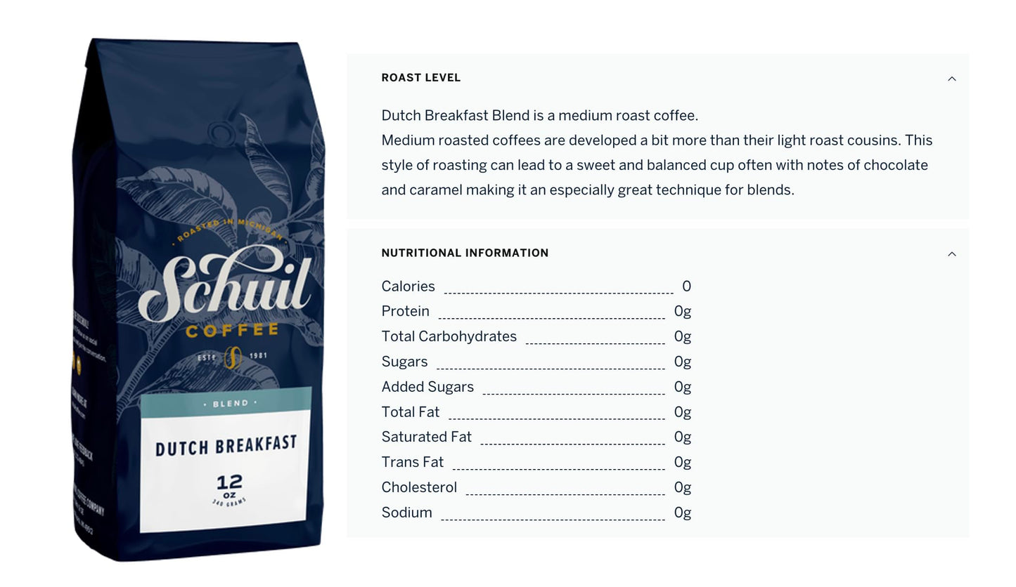 SCHUIL Dutch Breakfast Blend Whole Bean Coffee, Fair Trade, Medium Roast, 12 Ounce Bag