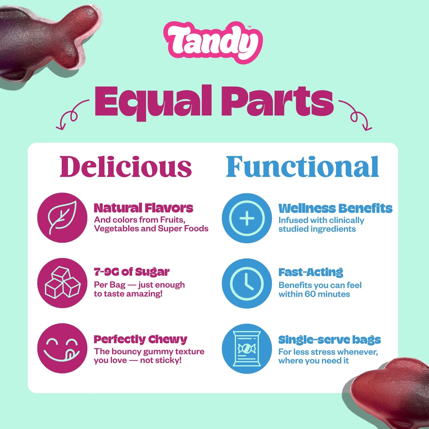Tandy Focus Fish Gummy dietary products - American Ginseng, Very Berry Punch Flavor, Gluten-Free, 6 Count