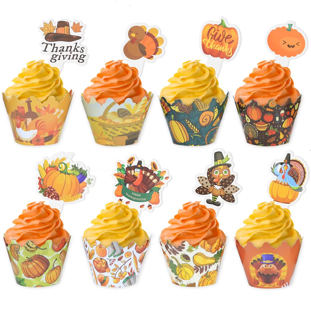 48 Pcs Thanksgiving Cupcake Toppers And Wrappers, Turkey Maple Leaf Pumpkin Cupcake Picks Decorations, For Thanksgiving Give Tha