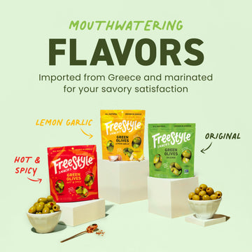 Freestyle Snacks Olive Snack Packs - Fresh Pitted Green Olives, 3 Flavors, Jumbo-Sized, Grown in Greece, Salty Snack, All Natura