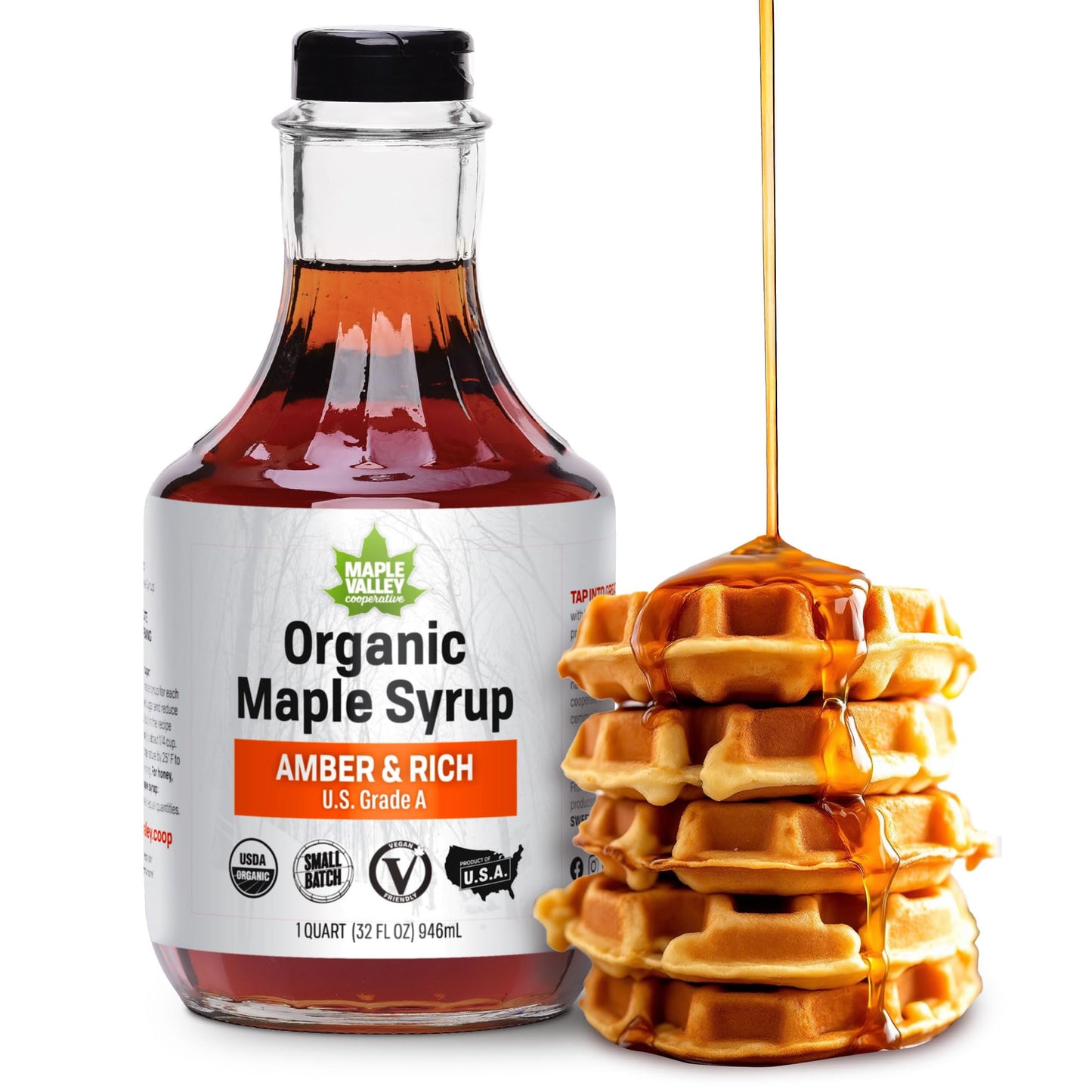 Maple Valley Organic Maple Syrup, Amber & Rich, 32 Fl Oz Glass Bottle