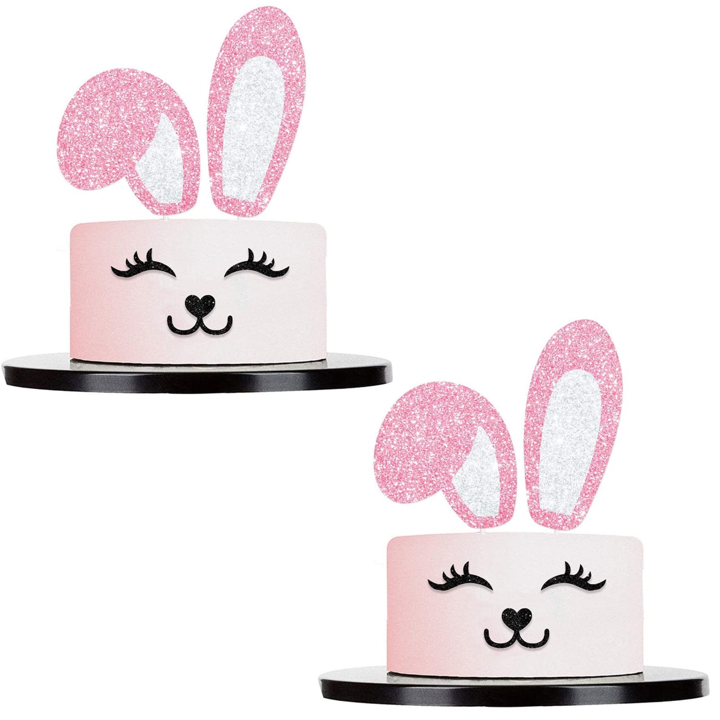 Soochat 2Pcs Easter Bunny Cake Topper Pink Glitter Bunny Ears Cake Topper With Eyelashes Nose Picks For Easter Birthday Party  Wedding  Baby Shower  Spring Theme Decorations