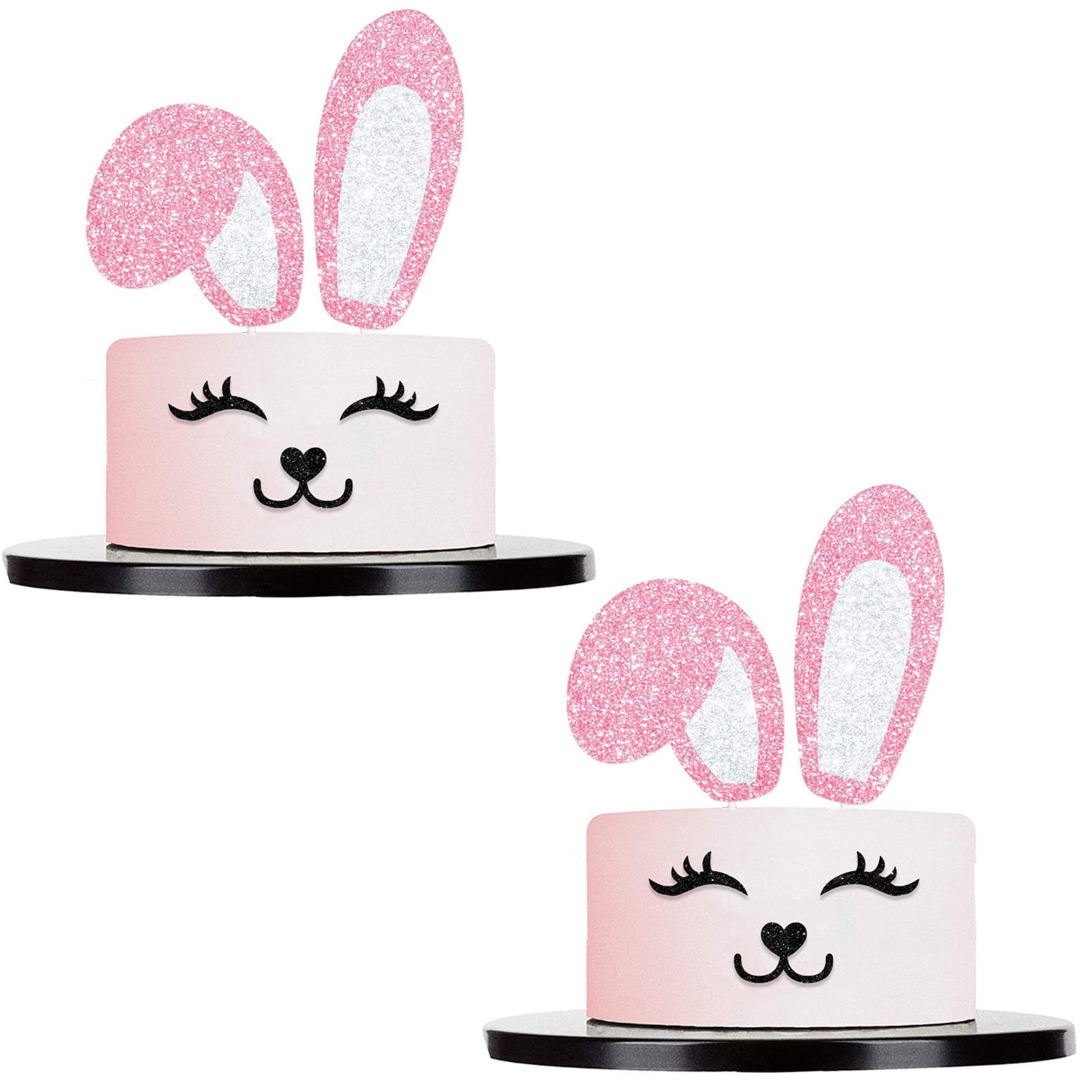 Soochat 2Pcs Easter Bunny Cake Topper Pink Glitter Bunny Ears Cake Topper With Eyelashes Nose Picks For Easter Birthday Party  Wedding  Baby Shower  Spring Theme Decorations