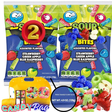 (PACK OF 2) Sour Bites Straws Assorted New Flavors - 4.9oz Each Bag - Blue Raspberry, Strawberry, Green Apple - Comes With One B