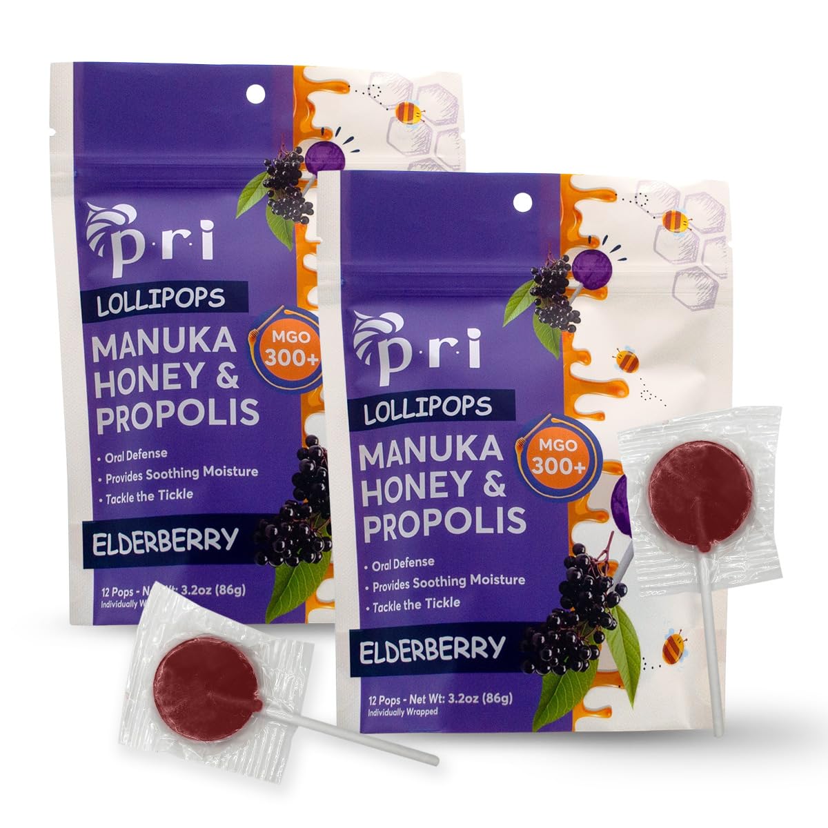 P.R.I Manuka Honey Lollipops with Propolis, Elderberry Flavor, MGO 300+, 24 Lollipops, 6.4oz