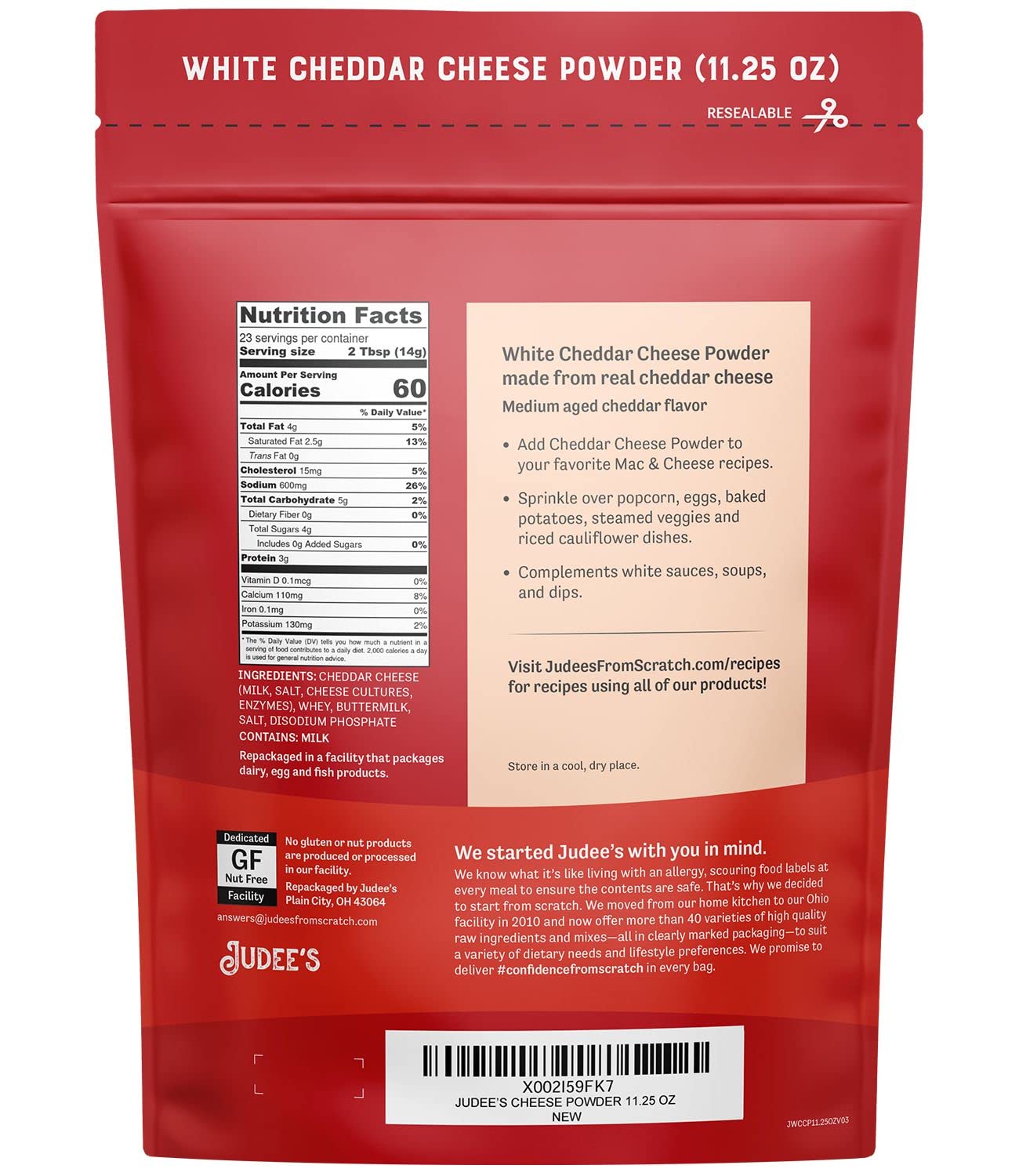 Judees White Cheddar Cheese Powder - 100% Non-GMO, Gluten-Free, 11.25oz
