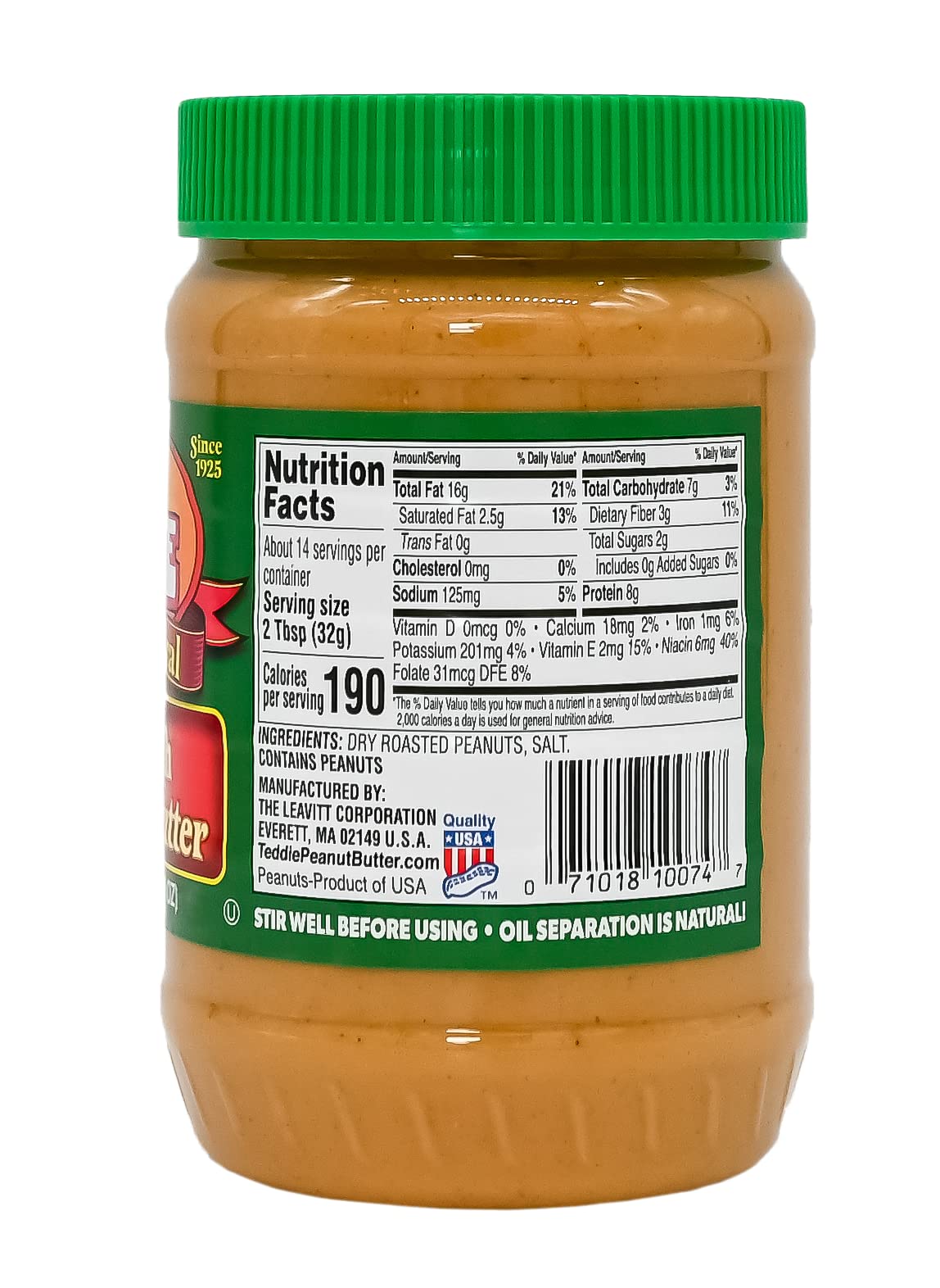 Teddie All Natural Peanut Butter, 16 Ounce 4 Pack Smooth, Gluten Free & Vegan, 16 Ounce Plastic Jar