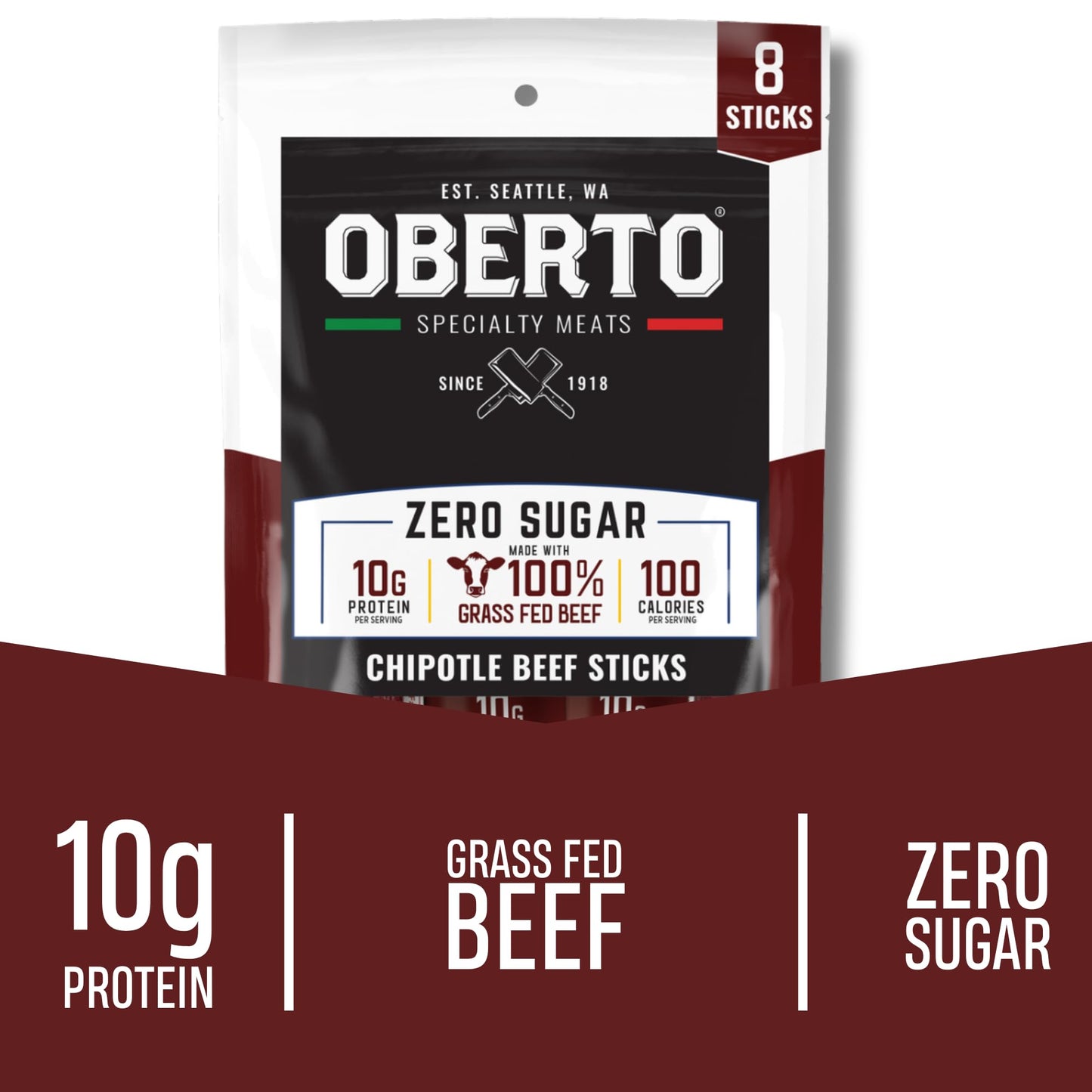 Oberto Grass Fed Beef Sticks - Chipotle  Zero Sugar  No Artificial Ingredients  High Protein  Gluten Free  Wood Smoked  enhanced Grass Fed Meat Sticks  High Protein Snacks  1.15 Ounce (Pack of 8)