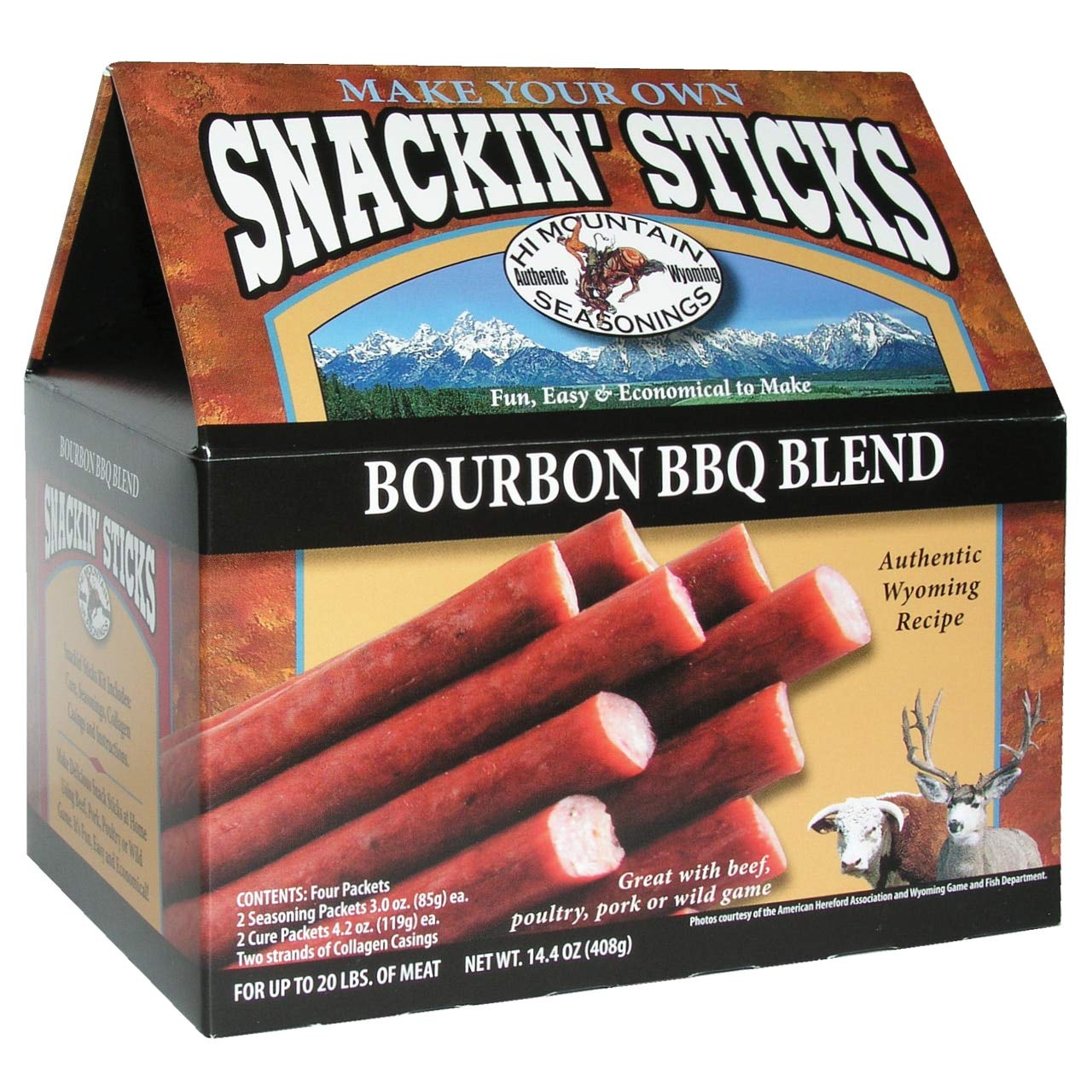 Hi Mountain Snack Stick Seasoning Kit - Bourbon BBQ Blend, 14.4 oz, Includes Seasoning, Cure, Casings, Directions, for Meat Up to 20 lbs
