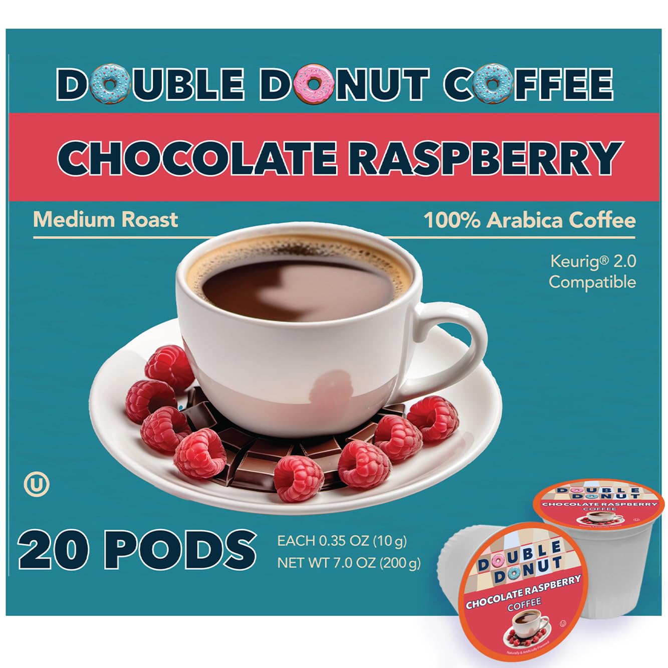 Double Donut Coffee Pods, Medium Roast, Chocolate Raspberry Flavor, 20 Count, Compatible with Keurig K Cups