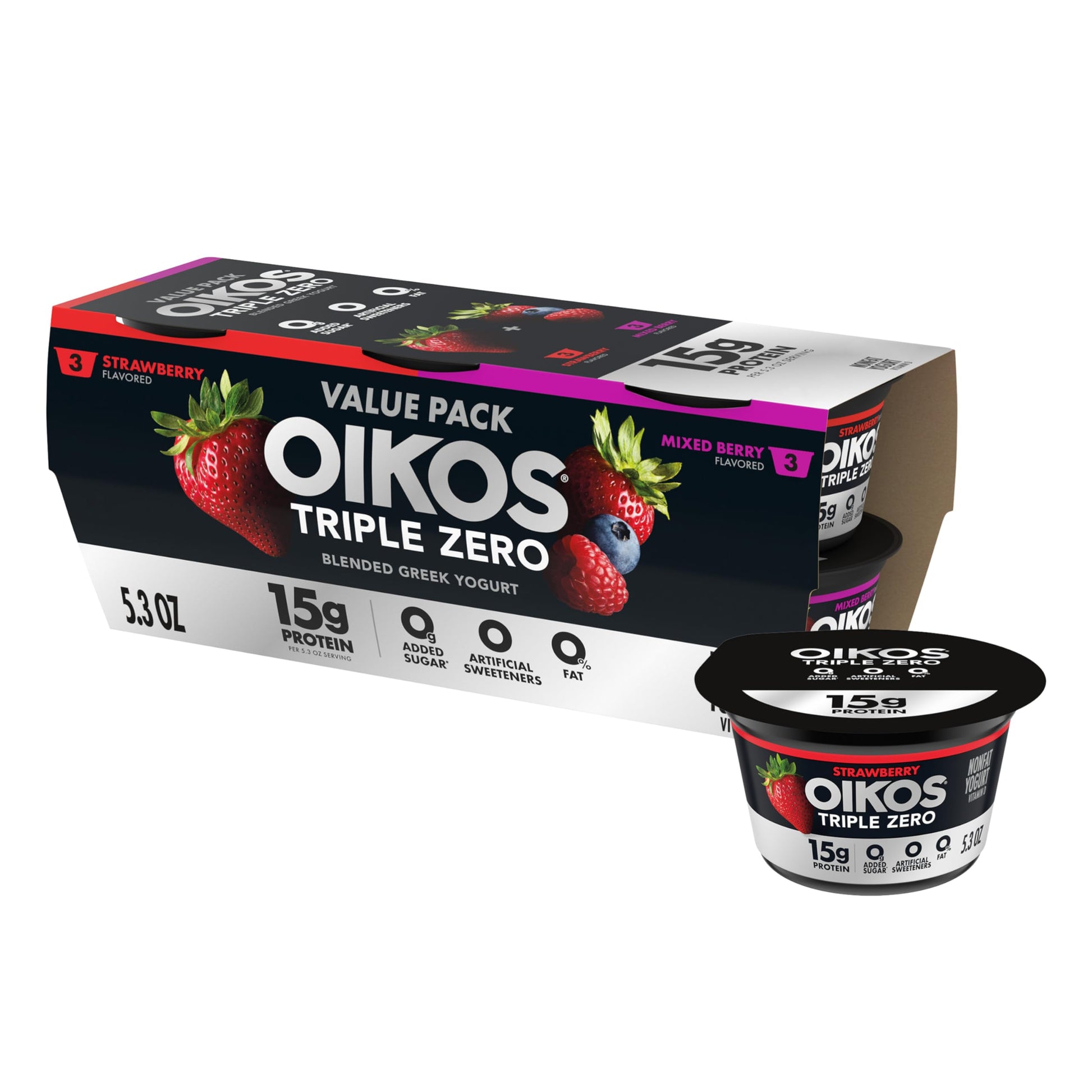Oikos Triple Zero Strawberry and Mixed Berry Nonfat Greek Yogurt Pack, 0% Fat, 0g Added Sugar and 0 Artificial Sweeteners, Just 